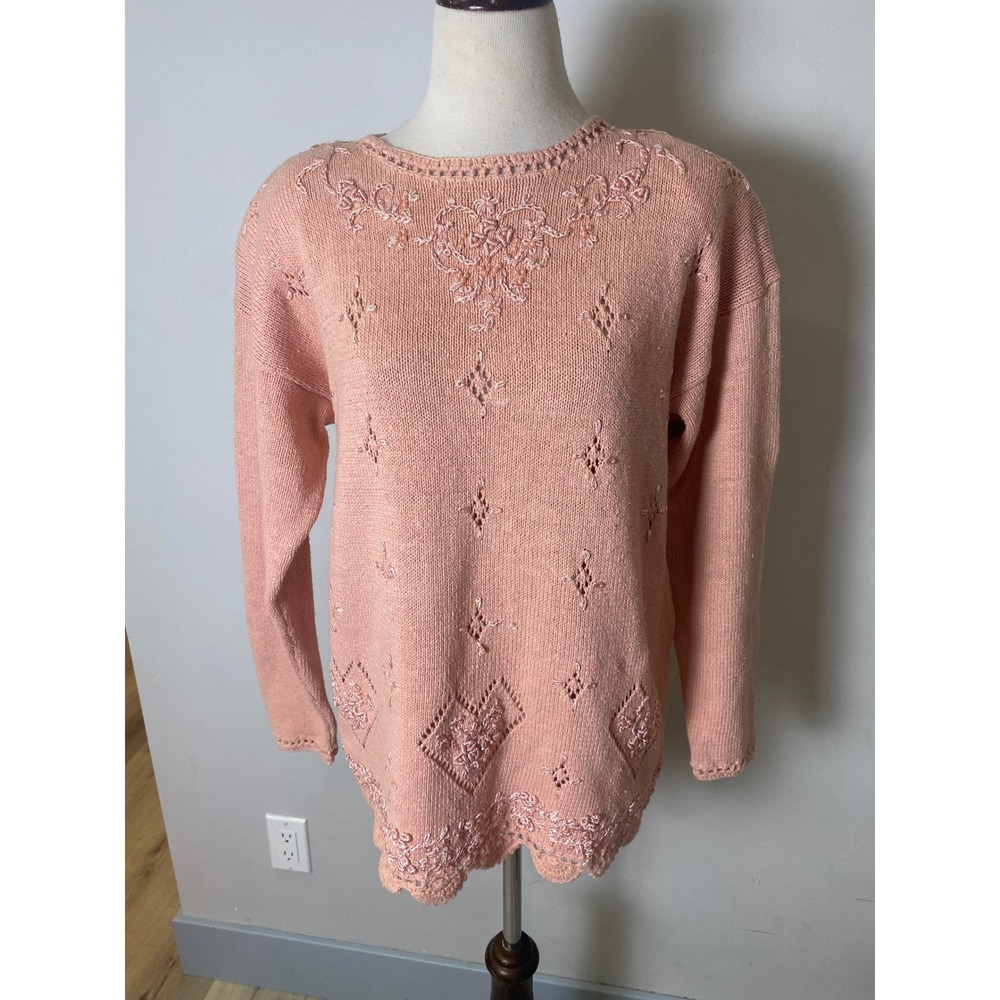 Vintage 90s Worthington Peach Embroidered Beaded Pointelle Knit Sweater M/L